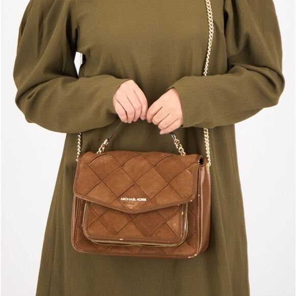 Michael Kors Regina Medium Woven Suede Convertible Shoulder Bag in Army Green - Picture 12 of 12